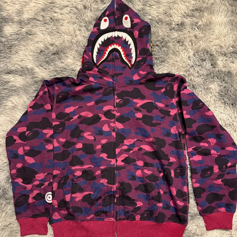 BAPE Color Camo Shark Purple Full Zip Hoodie Mens Size Large